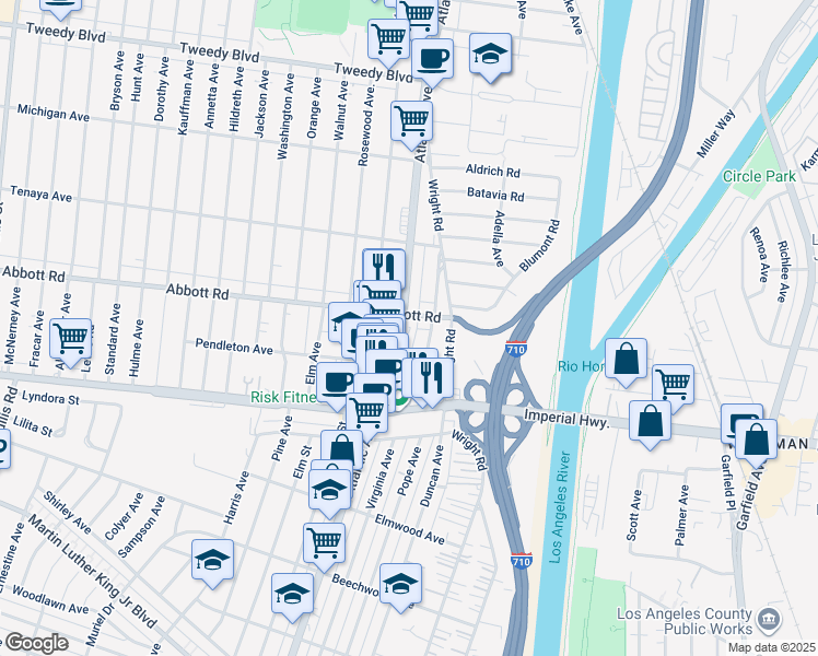 map of restaurants, bars, coffee shops, grocery stores, and more near 10820 Atlantic Avenue in Lynwood