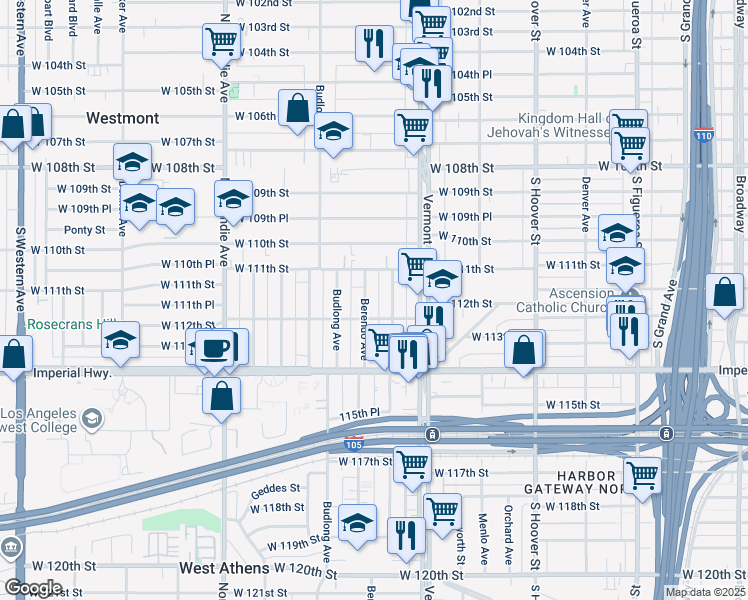 map of restaurants, bars, coffee shops, grocery stores, and more near 1101 West 112th Street in Los Angeles