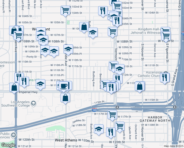 map of restaurants, bars, coffee shops, grocery stores, and more near 1211 West 112th Street in Los Angeles