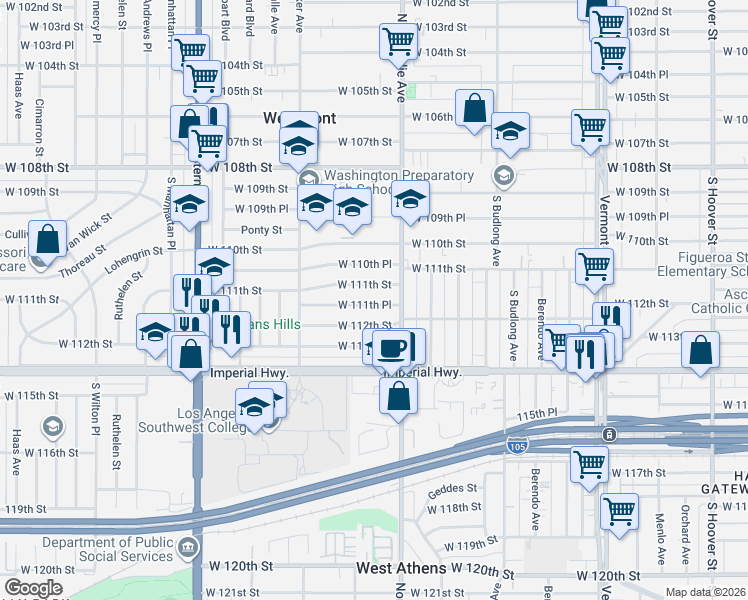 map of restaurants, bars, coffee shops, grocery stores, and more near 1442 West 111th Place in Los Angeles