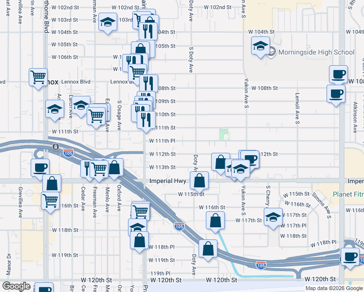 map of restaurants, bars, coffee shops, grocery stores, and more near 3845 West 112th Street in Inglewood