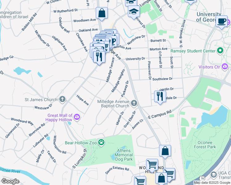 map of restaurants, bars, coffee shops, grocery stores, and more near 218 Parkway Drive in Athens