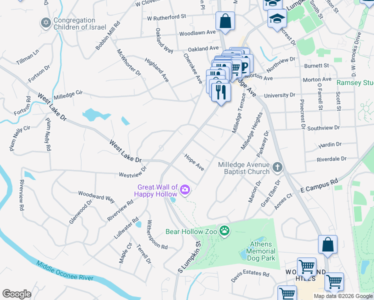 map of restaurants, bars, coffee shops, grocery stores, and more near 110 Hope Avenue in Athens