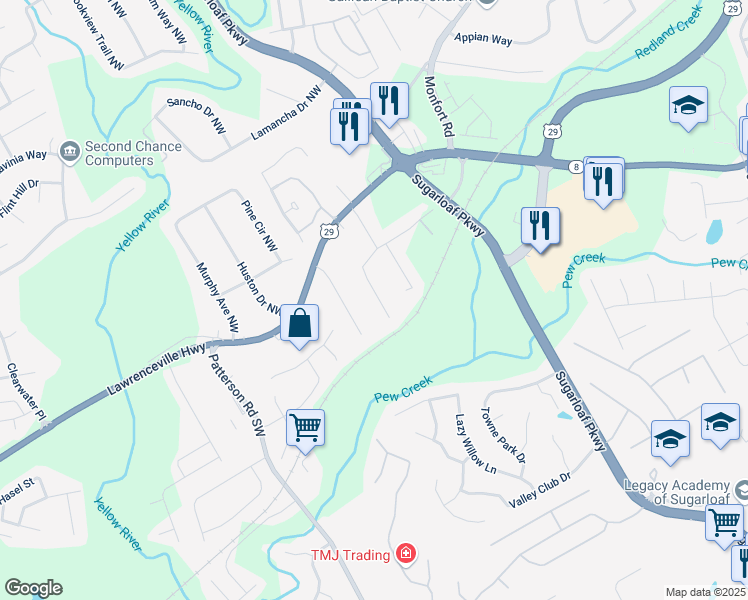 map of restaurants, bars, coffee shops, grocery stores, and more near 1738 Cannonball Court Northwest in Lawrenceville