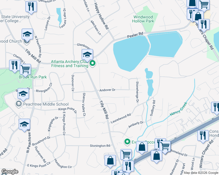 map of restaurants, bars, coffee shops, grocery stores, and more near 2539 Andover Drive in Doraville