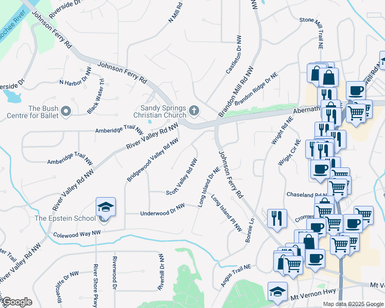 map of restaurants, bars, coffee shops, grocery stores, and more near 6580 Scott Valley Road Northwest in Atlanta