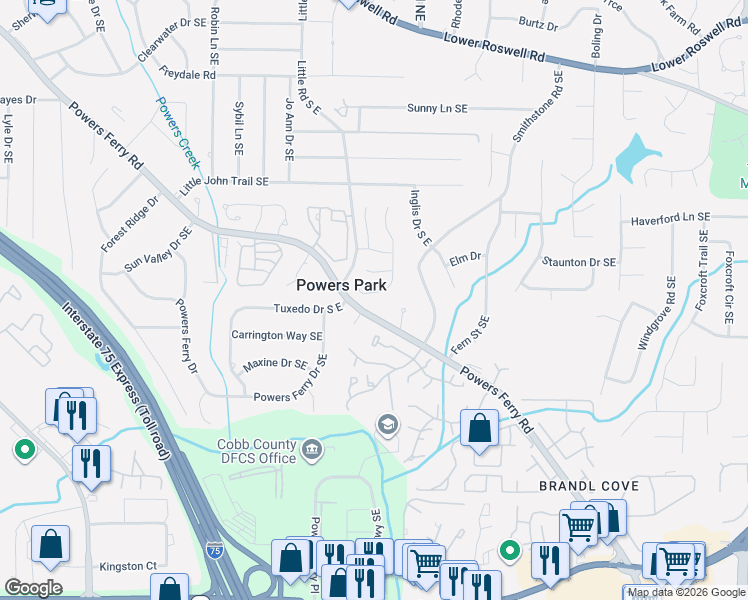 map of restaurants, bars, coffee shops, grocery stores, and more near 611 Lullingstone Drive Southeast in Marietta