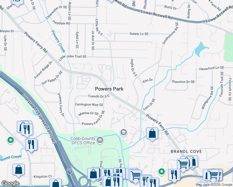 map of restaurants, bars, coffee shops, grocery stores, and more near 790 Powers Ferry Road in Marietta