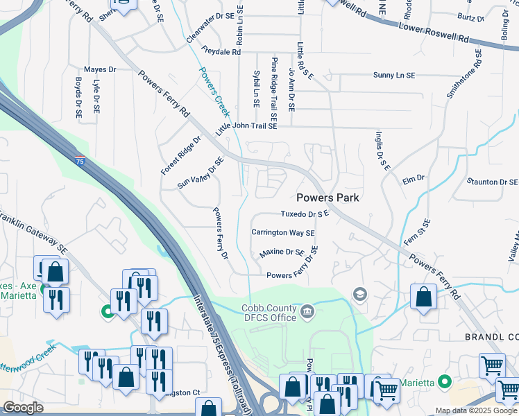 map of restaurants, bars, coffee shops, grocery stores, and more near 2315 Tuxedo Drive South East in Marietta