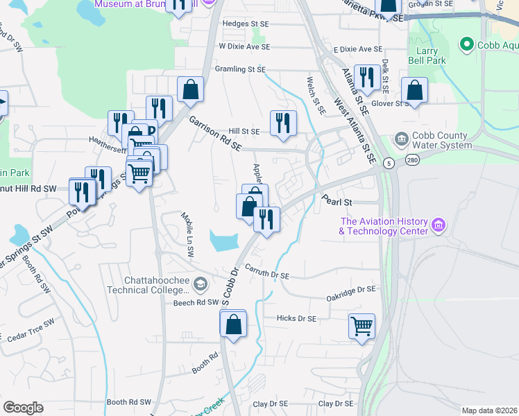 map of restaurants, bars, coffee shops, grocery stores, and more near 824 South Cobb Drive in Marietta