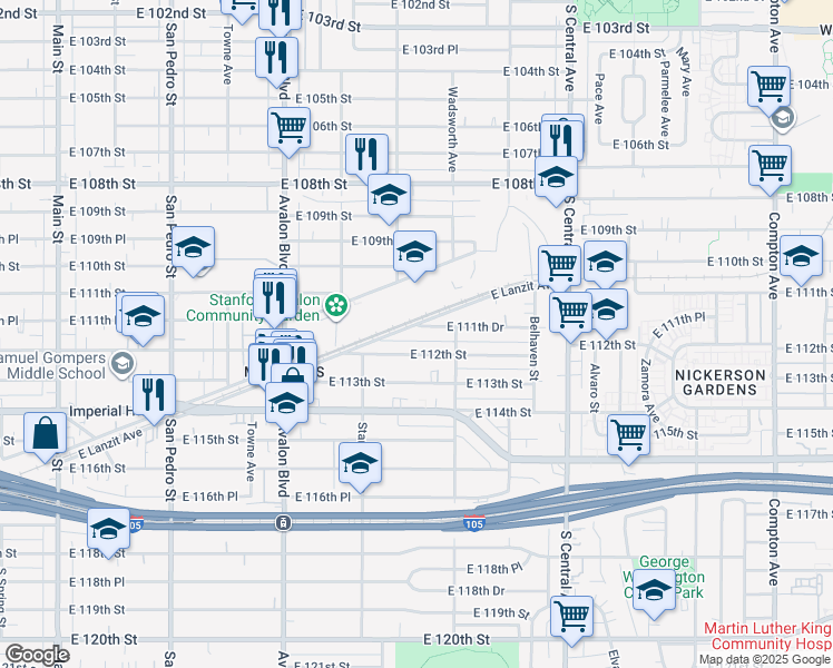 map of restaurants, bars, coffee shops, grocery stores, and more near 802 East 111th Drive in Los Angeles
