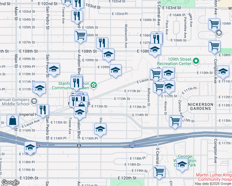 map of restaurants, bars, coffee shops, grocery stores, and more near 802 East 111th Drive in Los Angeles