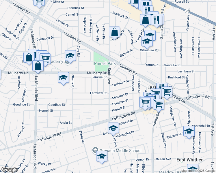 map of restaurants, bars, coffee shops, grocery stores, and more near 10901 Scott Avenue in Whittier