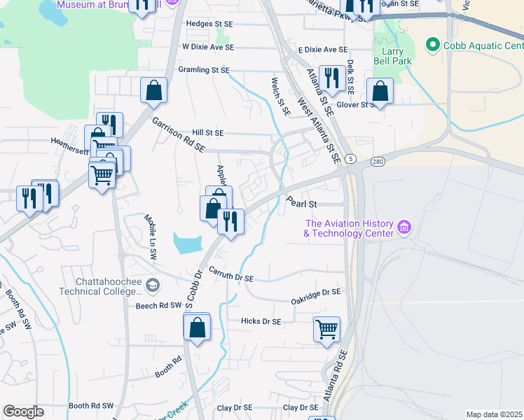 map of restaurants, bars, coffee shops, grocery stores, and more near 815 South Cobb Drive Southeast in Marietta