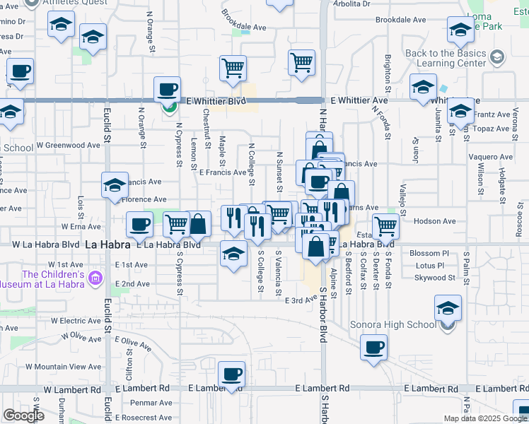 map of restaurants, bars, coffee shops, grocery stores, and more near 818 East Stearns Avenue in La Habra