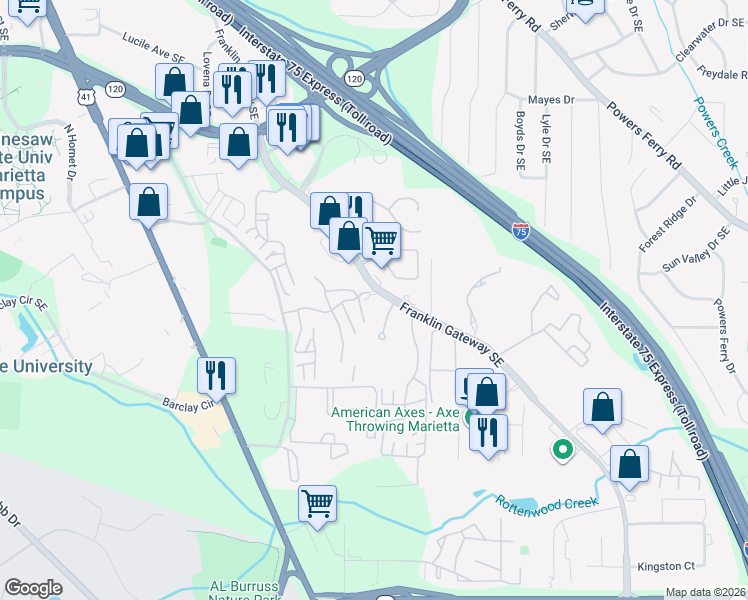 map of restaurants, bars, coffee shops, grocery stores, and more near 720 Franklin Gateway Southeast in Marietta