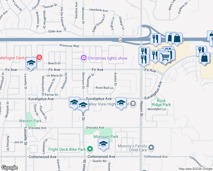 map of restaurants, bars, coffee shops, grocery stores, and more near 26688 Rose Bud Lane in Moreno Valley