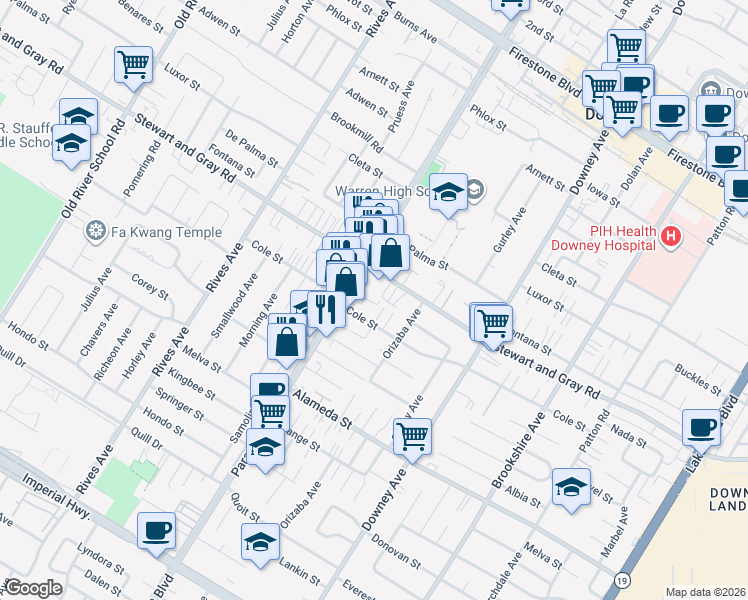 map of restaurants, bars, coffee shops, grocery stores, and more near 11932 Paramount Boulevard in Downey