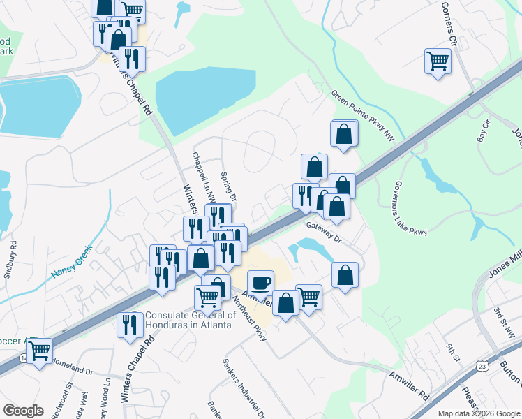 map of restaurants, bars, coffee shops, grocery stores, and more near 3381 Marla Boulevard Northwest in Peachtree Corners