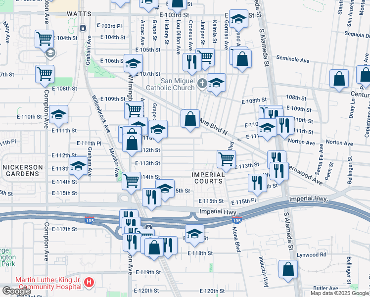 map of restaurants, bars, coffee shops, grocery stores, and more near 2117 East 112th Street in Los Angeles