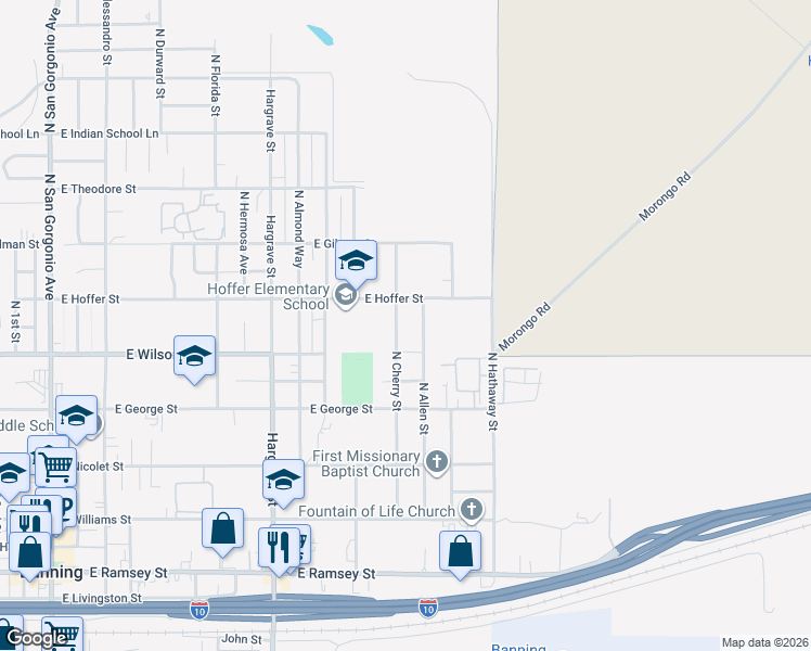 map of restaurants, bars, coffee shops, grocery stores, and more near 922 North Cherry Street in Banning