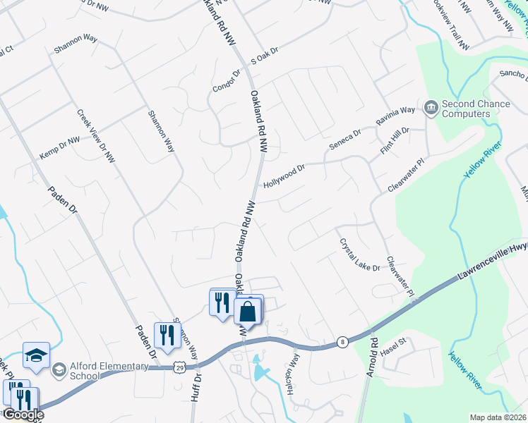map of restaurants, bars, coffee shops, grocery stores, and more near 2190 Crescentview Drive in Lawrenceville