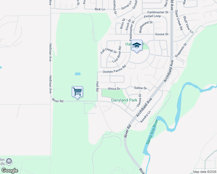 map of restaurants, bars, coffee shops, grocery stores, and more near 14626 Ithica Drive in Eastvale