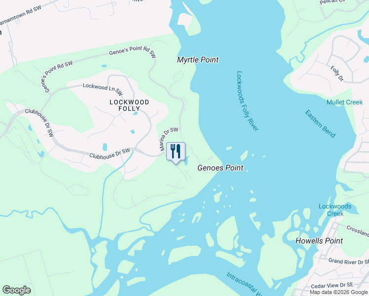 map of restaurants, bars, coffee shops, grocery stores, and more near 74 Clubhouse Drive Southwest in Brunswick County