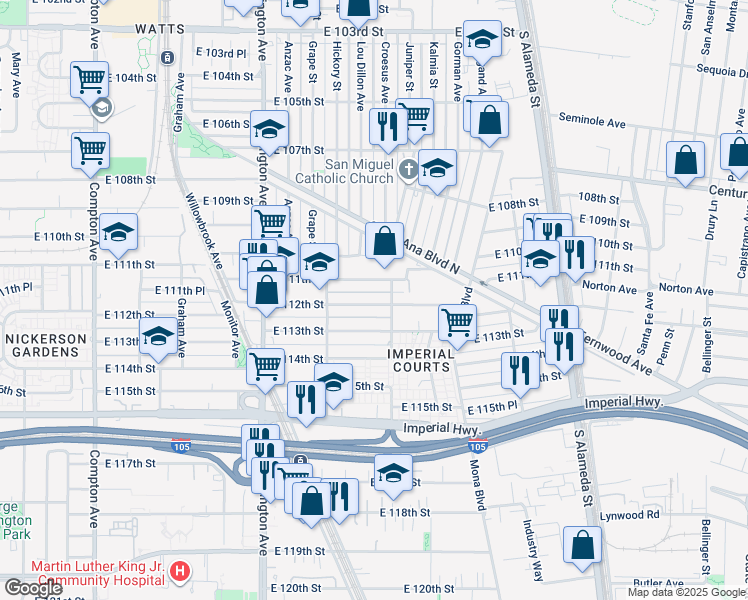 map of restaurants, bars, coffee shops, grocery stores, and more near 2110 East 112th Street in Los Angeles