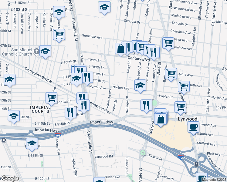 map of restaurants, bars, coffee shops, grocery stores, and more near 11129 Santa Fe Avenue in Lynwood