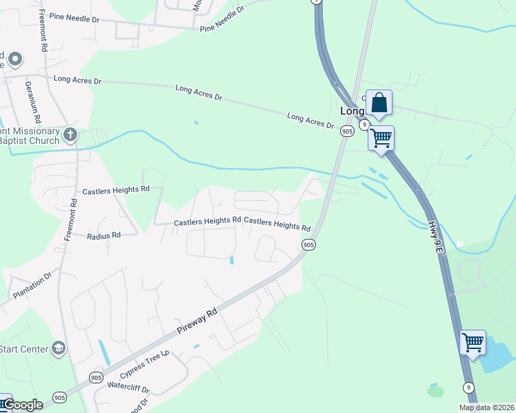 map of restaurants, bars, coffee shops, grocery stores, and more near 277 Castlers Heights Road in Longs