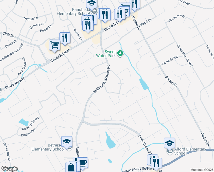 map of restaurants, bars, coffee shops, grocery stores, and more near 2735 Wyndham Place Drive Northwest in Lawrenceville