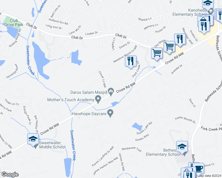 map of restaurants, bars, coffee shops, grocery stores, and more near 1016 Martin Heights Drive in Lawrenceville