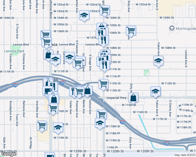 map of restaurants, bars, coffee shops, grocery stores, and more near 11143 South Prairie Avenue in Inglewood