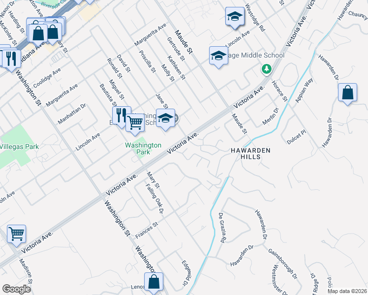 map of restaurants, bars, coffee shops, grocery stores, and more near 6735 Foxhall Court in Riverside