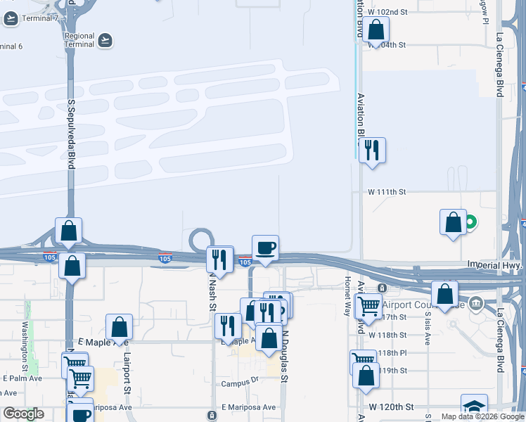 map of restaurants, bars, coffee shops, grocery stores, and more near 5701 West Imperial Highway in Los Angeles