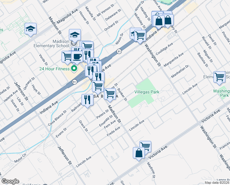map of restaurants, bars, coffee shops, grocery stores, and more near 7429 Diamond Street in Riverside