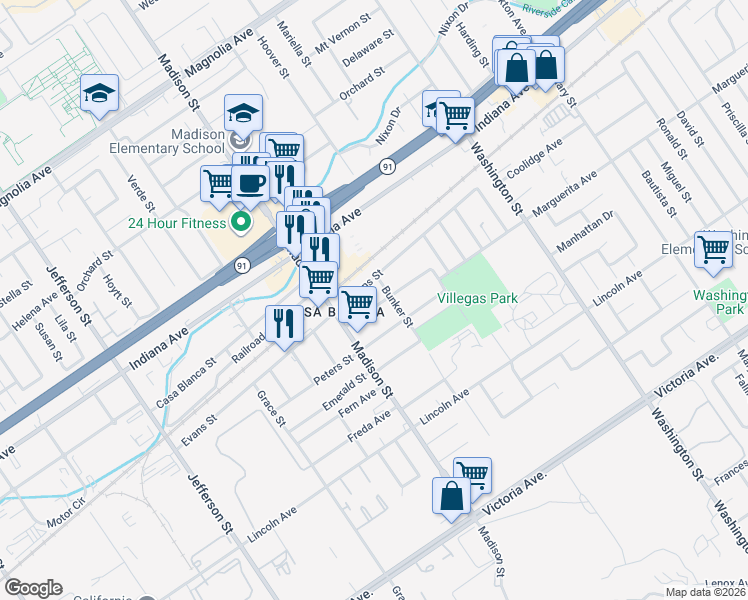 map of restaurants, bars, coffee shops, grocery stores, and more near 7434 Diamond Street in Riverside