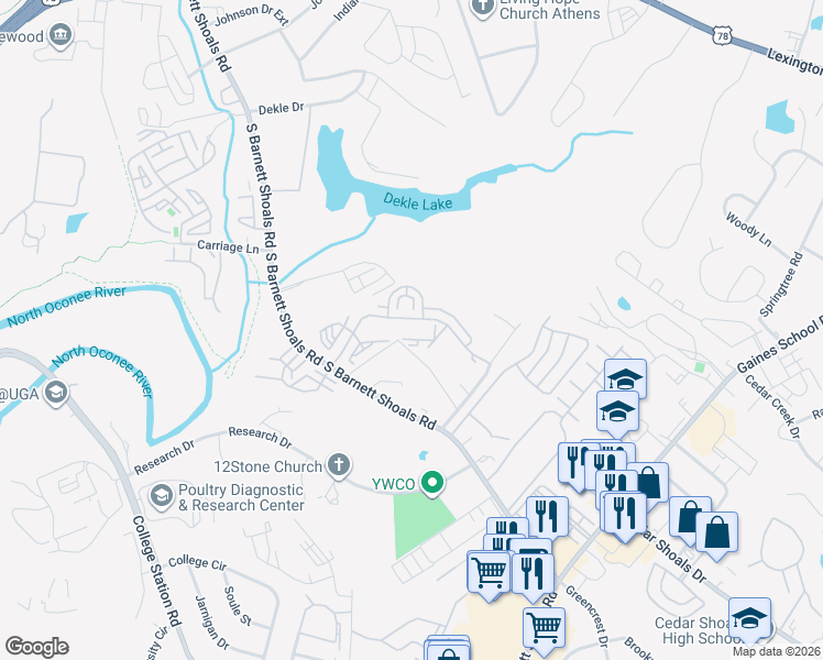 map of restaurants, bars, coffee shops, grocery stores, and more near Stroud Rd in Athens