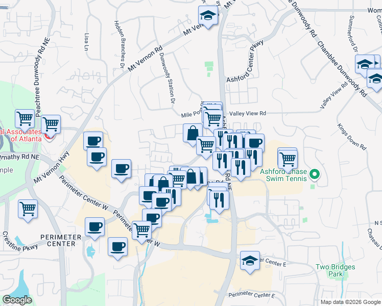 map of restaurants, bars, coffee shops, grocery stores, and more near 1200 Ashwood Parkway in Atlanta