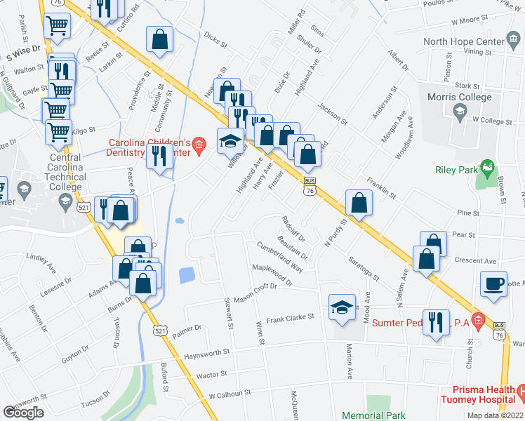 map of restaurants, bars, coffee shops, grocery stores, and more near 81 Radcliff Drive in Sumter