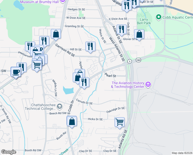 map of restaurants, bars, coffee shops, grocery stores, and more near 815 South Cobb Drive Southeast in Marietta