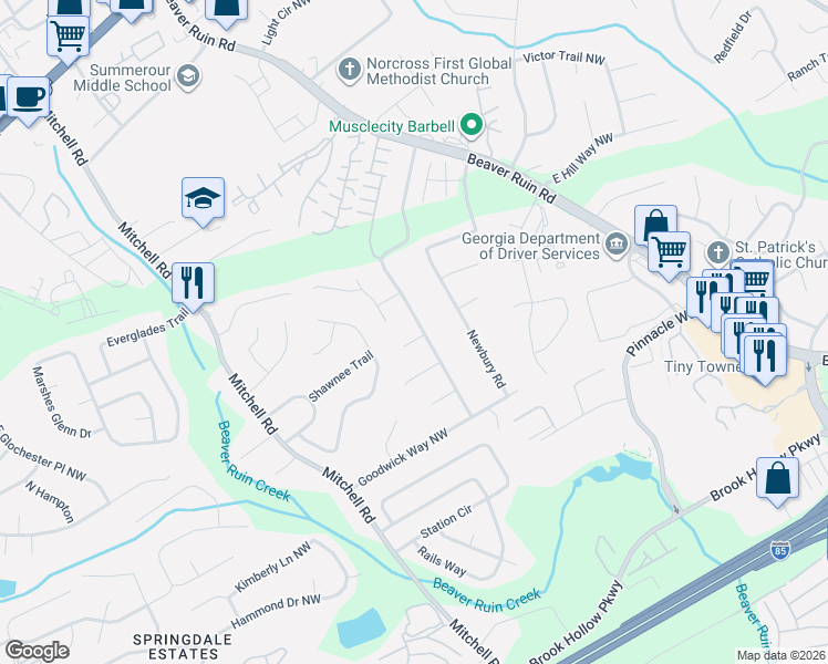 map of restaurants, bars, coffee shops, grocery stores, and more near 5427 Ashington Court in Norcross