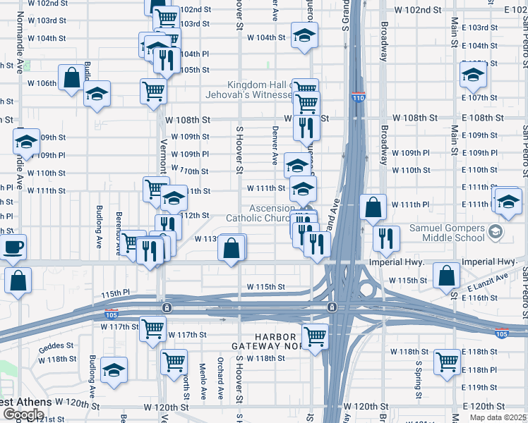 map of restaurants, bars, coffee shops, grocery stores, and more near 618 West 111th Place in Los Angeles