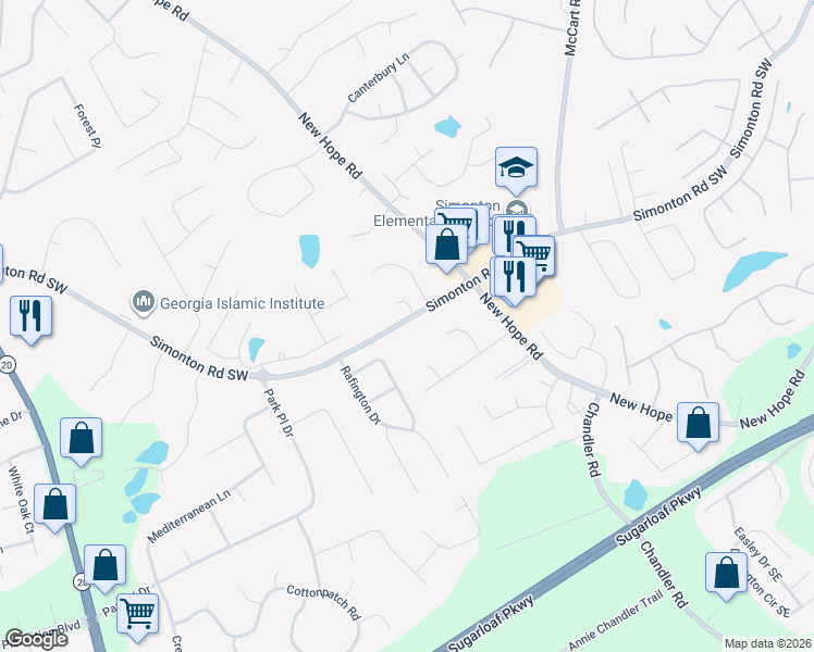 map of restaurants, bars, coffee shops, grocery stores, and more near 96 Simonton Road Southeast in Lawrenceville