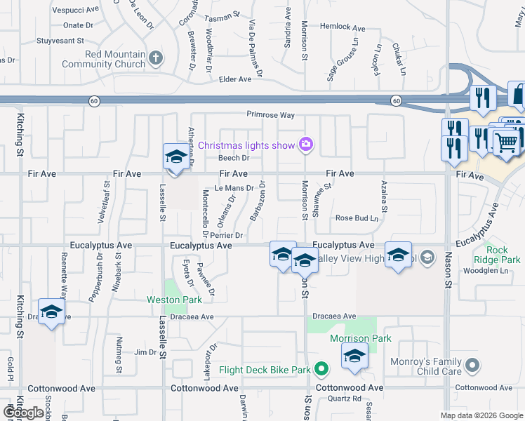 map of restaurants, bars, coffee shops, grocery stores, and more near 12870 Barbazon Drive in Moreno Valley