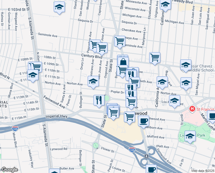 map of restaurants, bars, coffee shops, grocery stores, and more near 10813 State Street in Lynwood