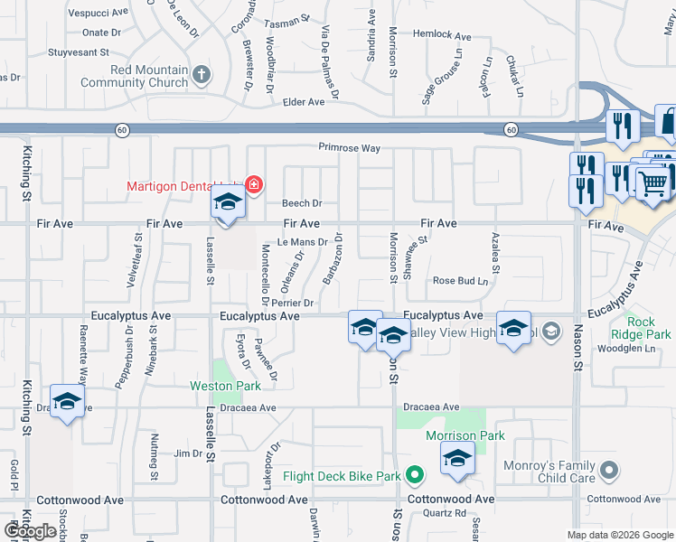 map of restaurants, bars, coffee shops, grocery stores, and more near 12914 Bordeaux Court in Moreno Valley