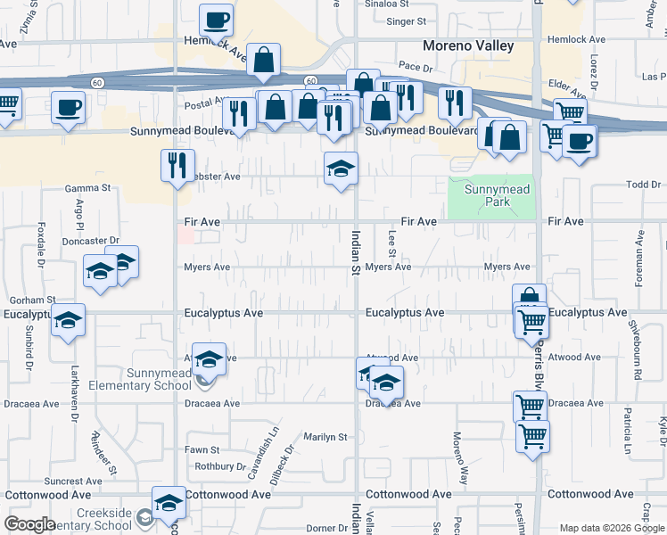 map of restaurants, bars, coffee shops, grocery stores, and more near 12917 Indian Street in Moreno Valley