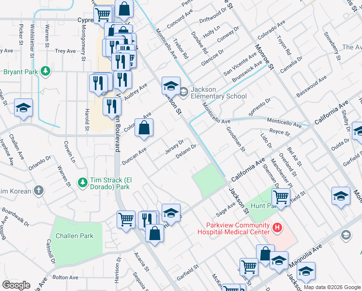 map of restaurants, bars, coffee shops, grocery stores, and more near 9207 Delano Drive in Riverside
